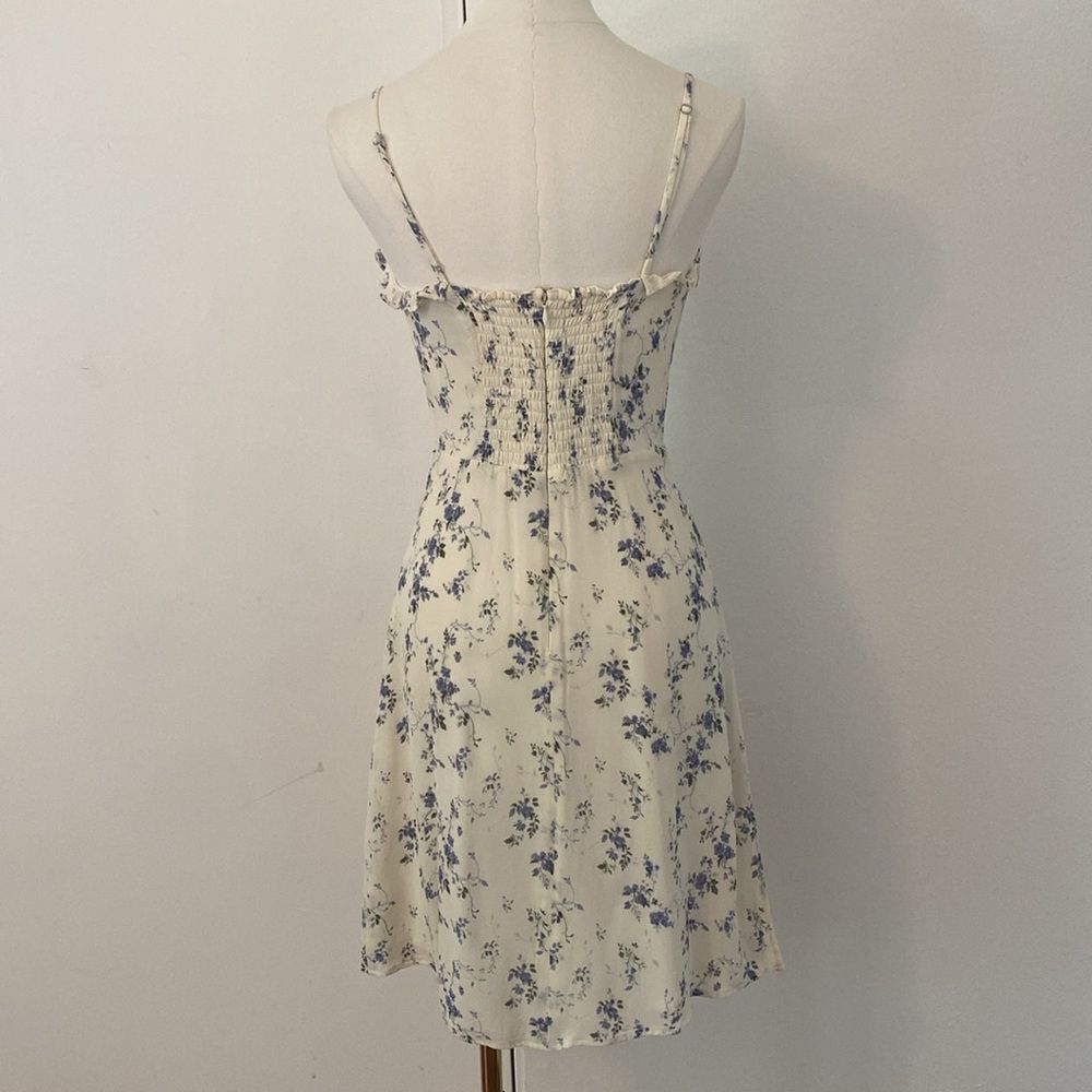 Reformation Light Cream & Blue Floral Mini Dress with Ruffle Neckline Size 4 - Picture 6 of 13